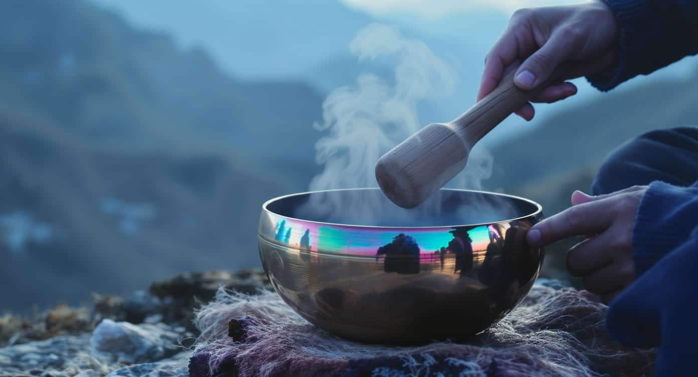 bol-tibetain-vibrations-sonores Gros plan dâun bol tibĂ©tain en vibration avec un maillet