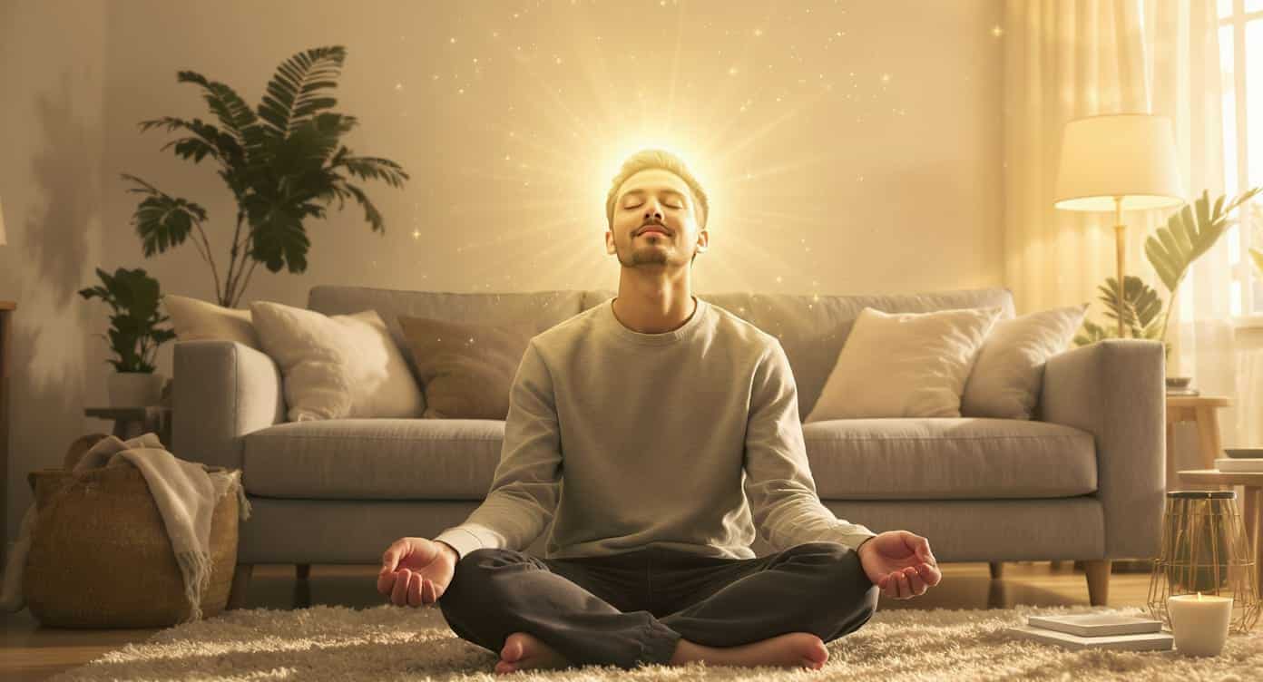 clarte-mentale-neurostimulation eune homme détendu, aura lumineuse autour de la tête, symbole de concentration.