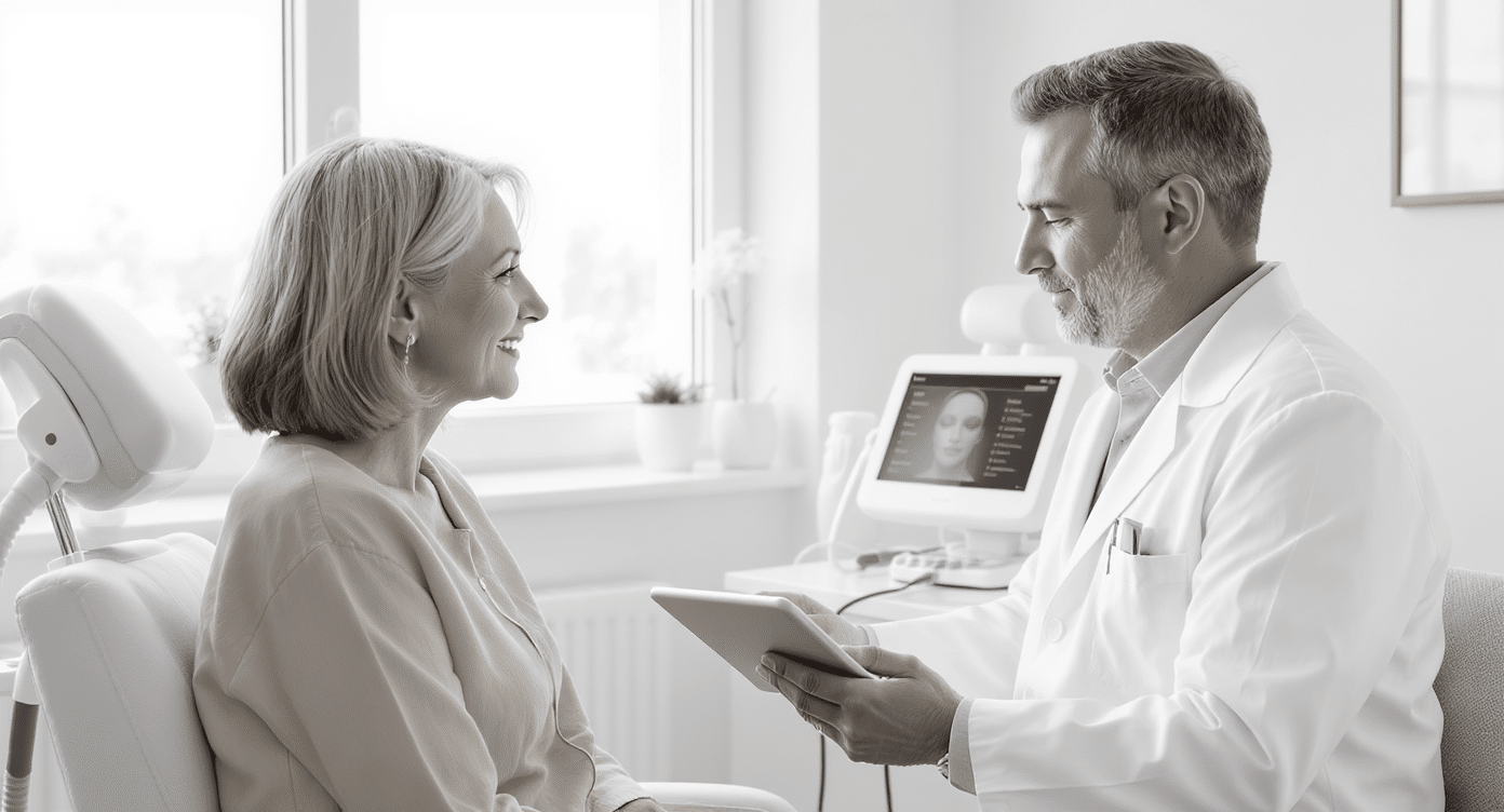 Consultation entre un patient et un dermatologue expliquant la procédure de plasma lift dans un cabinet médical.