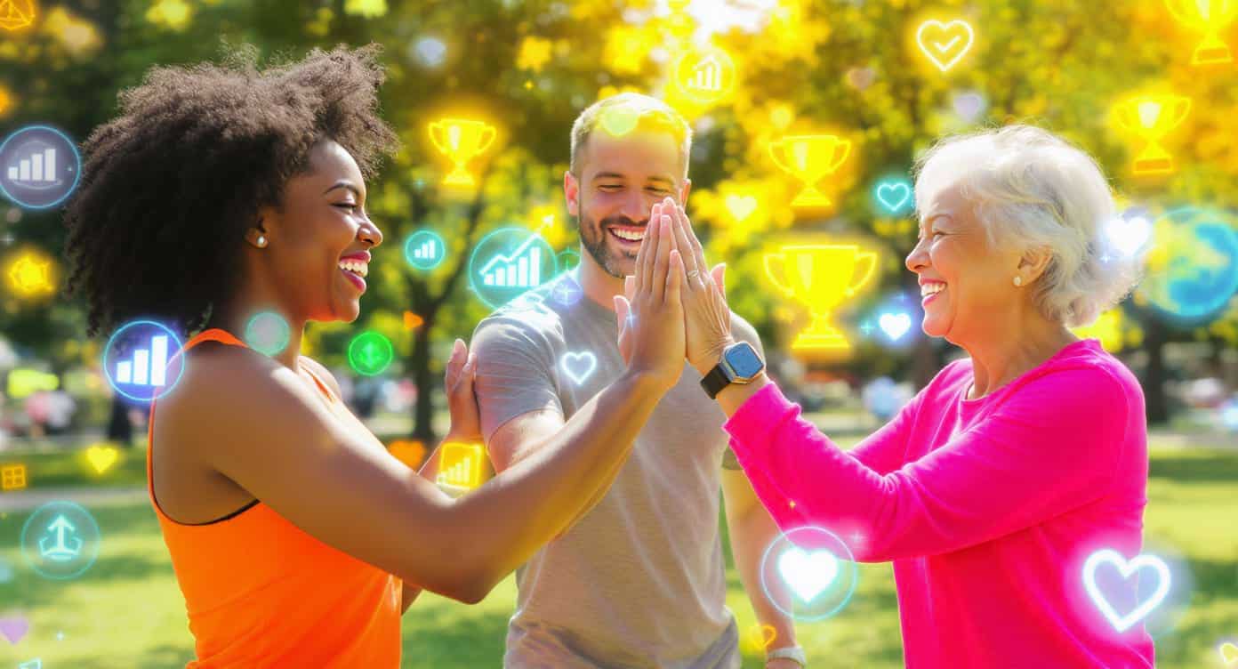 Groupe de personnes célébrant un défi santé collectif