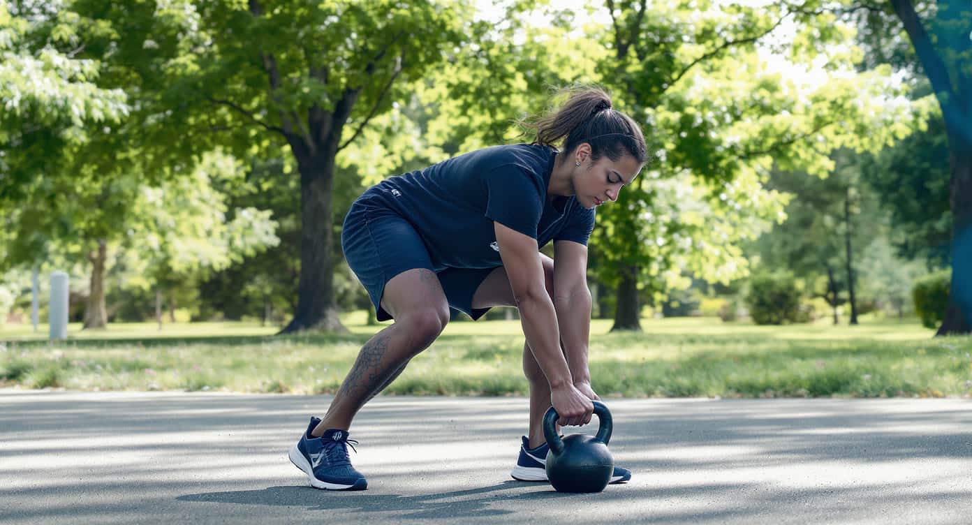 hirt-entrainement-exterieur Athlète pratiquant le HIRT en plein air avec kettlebell