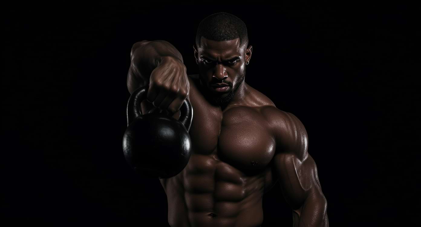 Athlète seul en plein effort de HIRT avec kettlebell