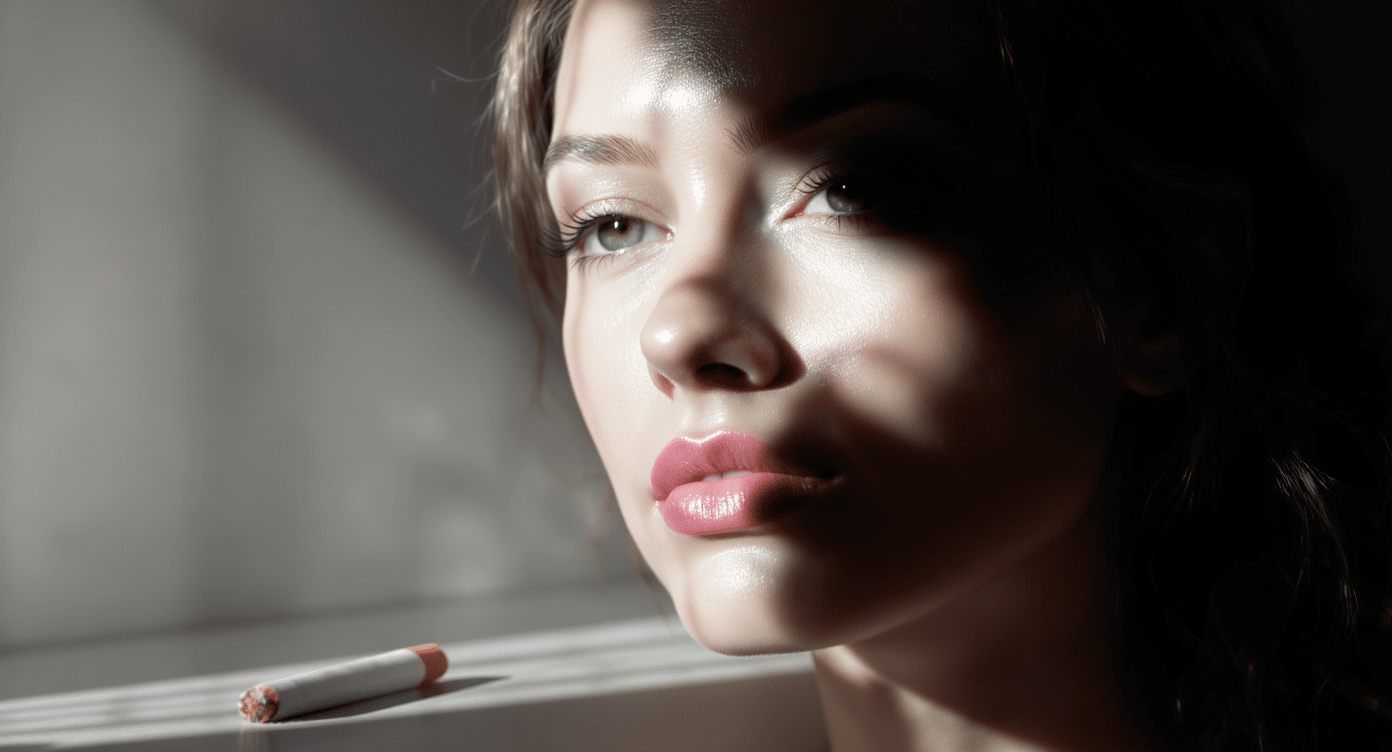 Composition artistique montrant soleil, cigarette et cicatrisation difficile après un plasma lift, sans texte ni étiquette.