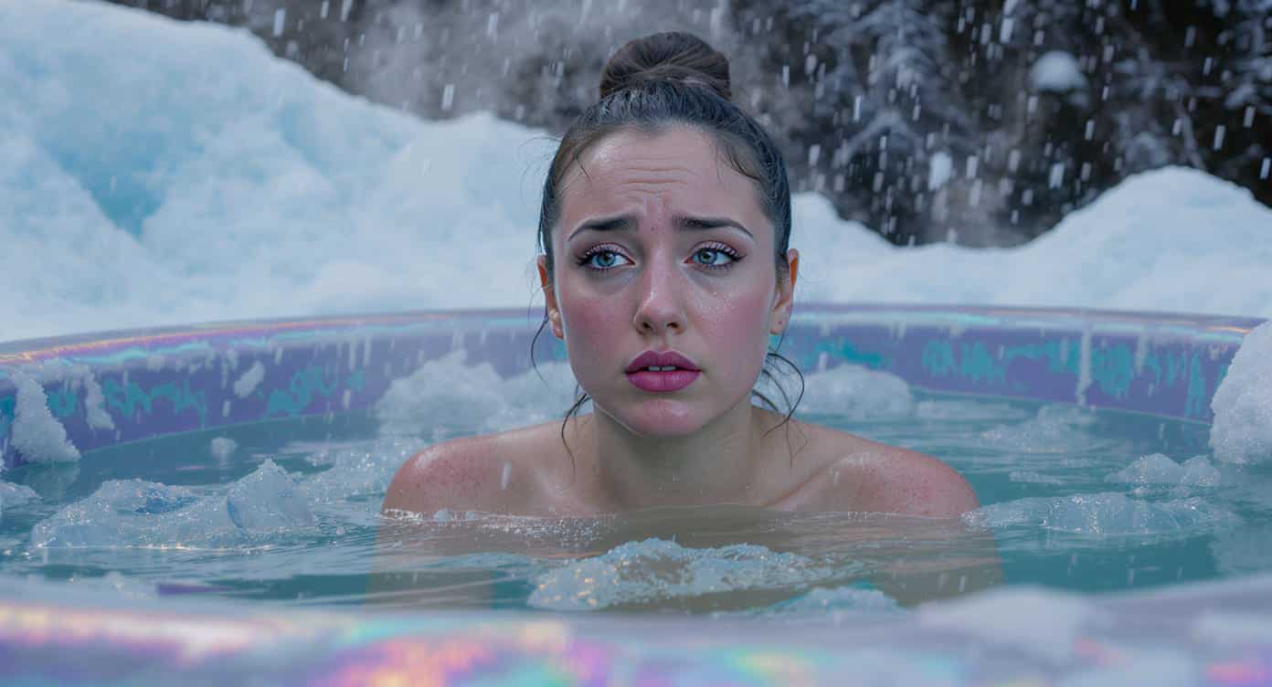Personne frissonnant dans un bain glacé avec de la glace flottante