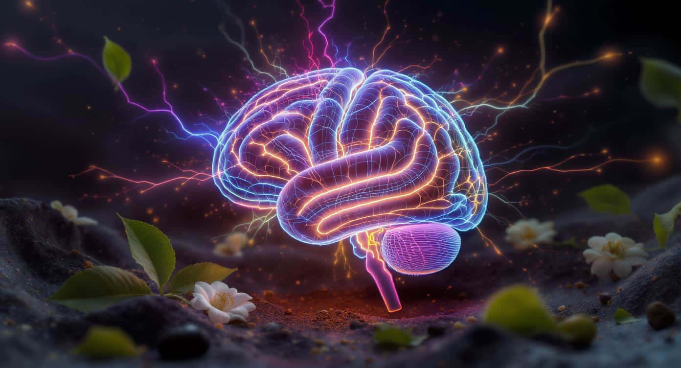 Illustration 3D d’un cerveau avec connexions neuronales et plantes nootropiques.