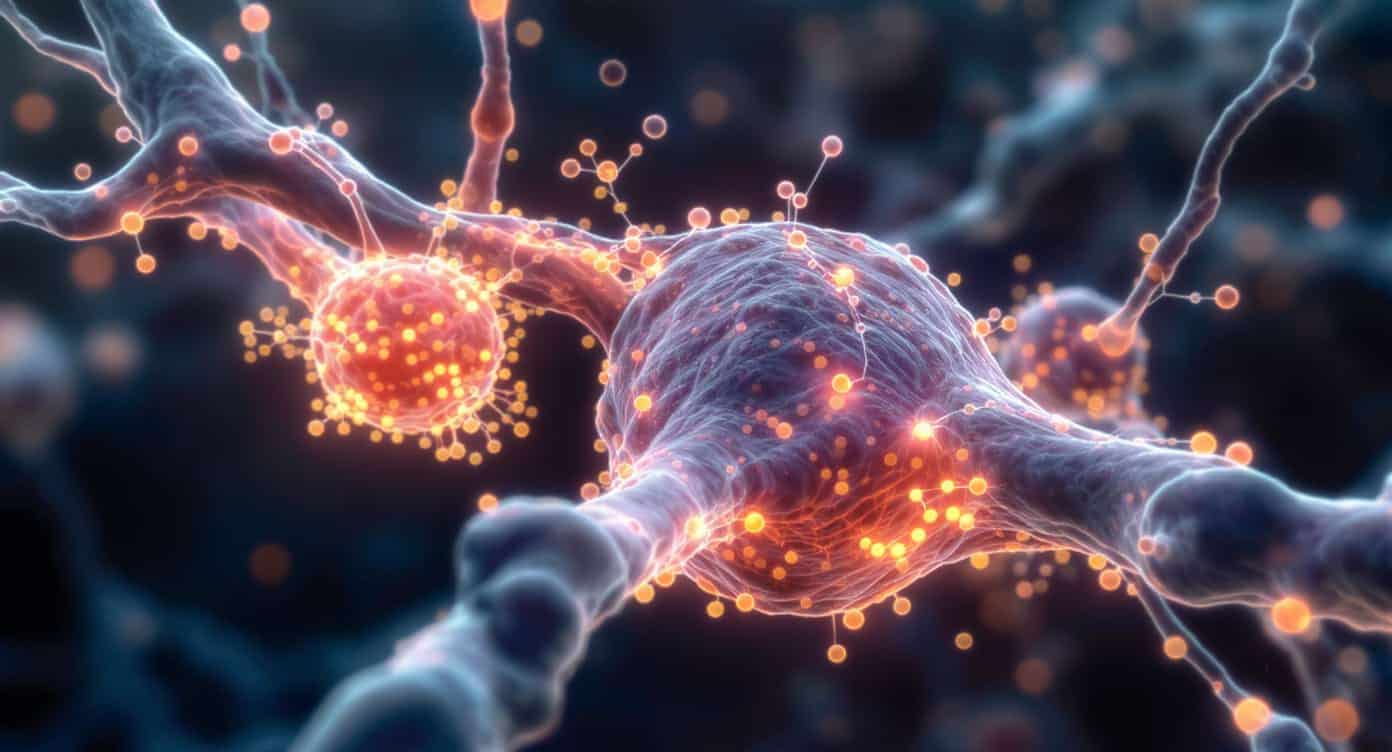 neurotransmetteurs-semax-selank Visualisation artistique des neurotransmetteurs sérotonine, dopamine et GABA impliqués dans les effets de Semax et Selank