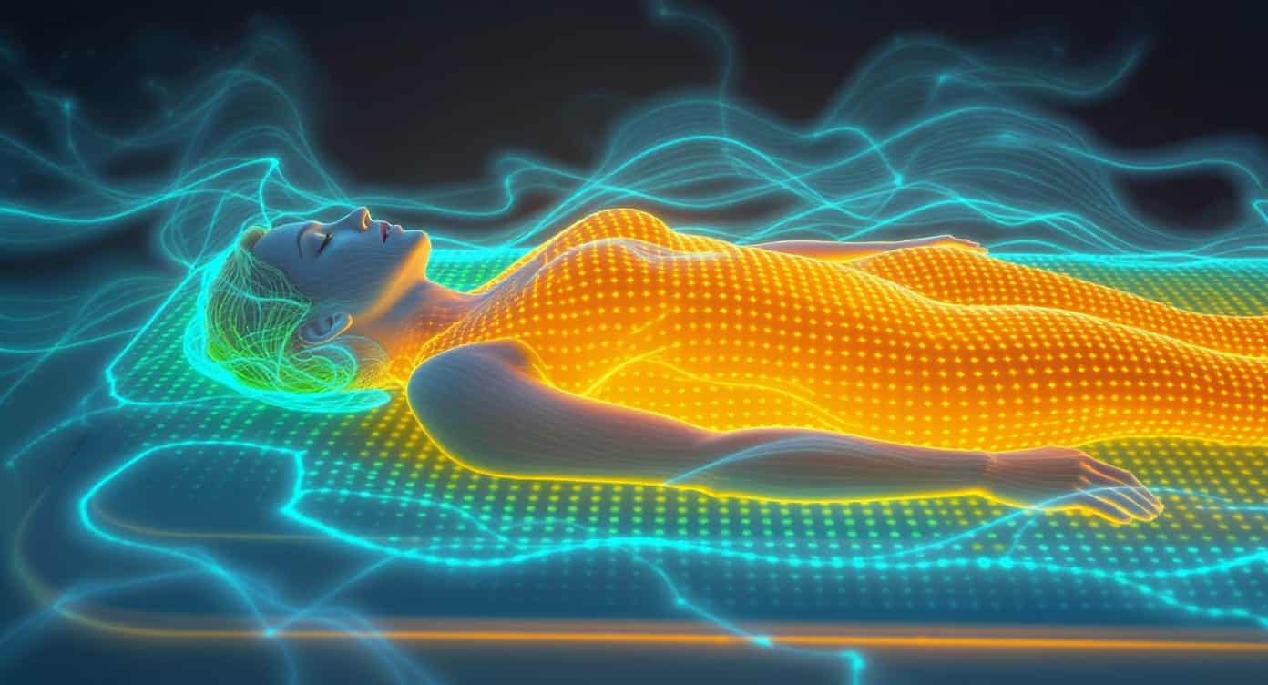 Personne allongée sur un tapis PEMF entouré d’ondes lumineuses symbolisant l’énergie cellulaire