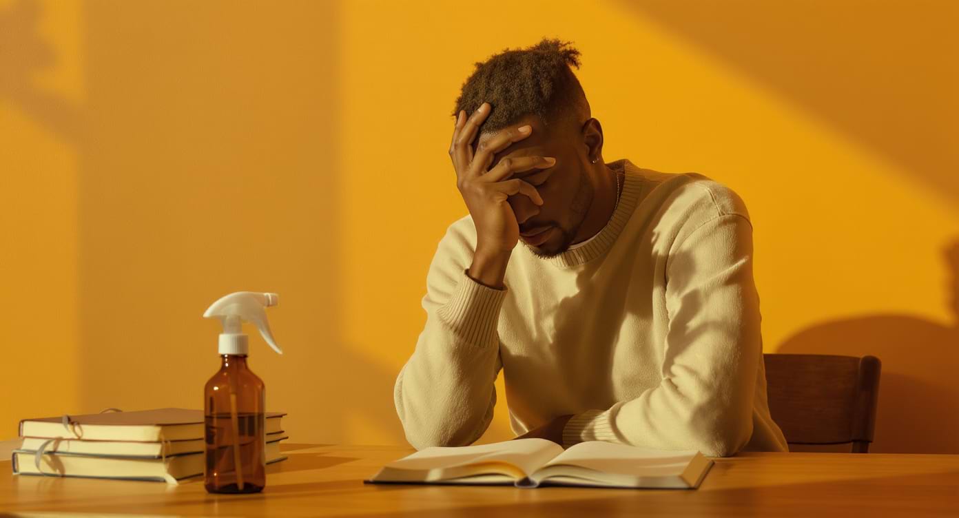 precautions-utilisation-semax-selank Personne réfléchissant avant d’utiliser un spray nasal, symbolisant prudence et suivi responsable avec Semax et Selank