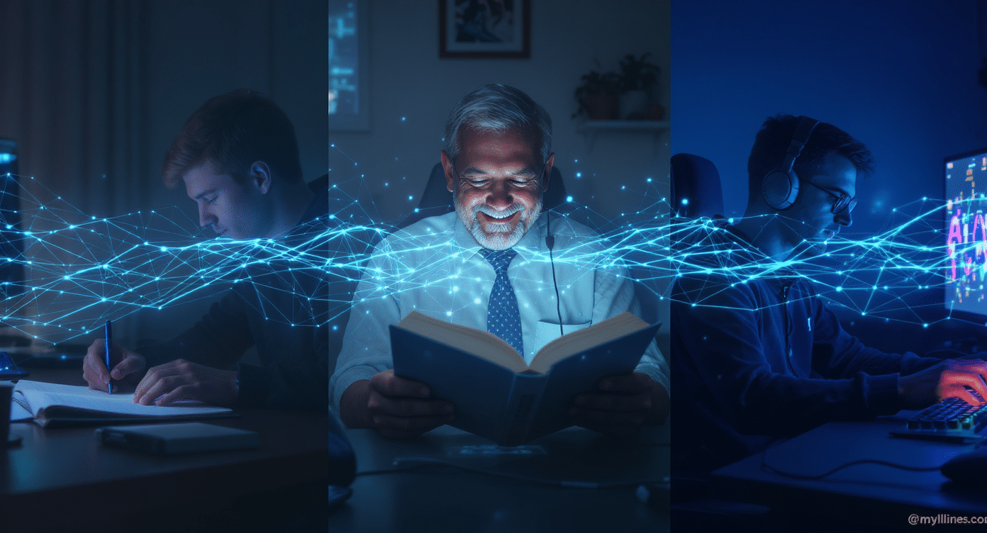 profils-utilisation-alpha-gpc-citicoline Montage photo représentant un étudiant, un senior et un gamer utilisant des nootropiques pour améliorer la concentration.