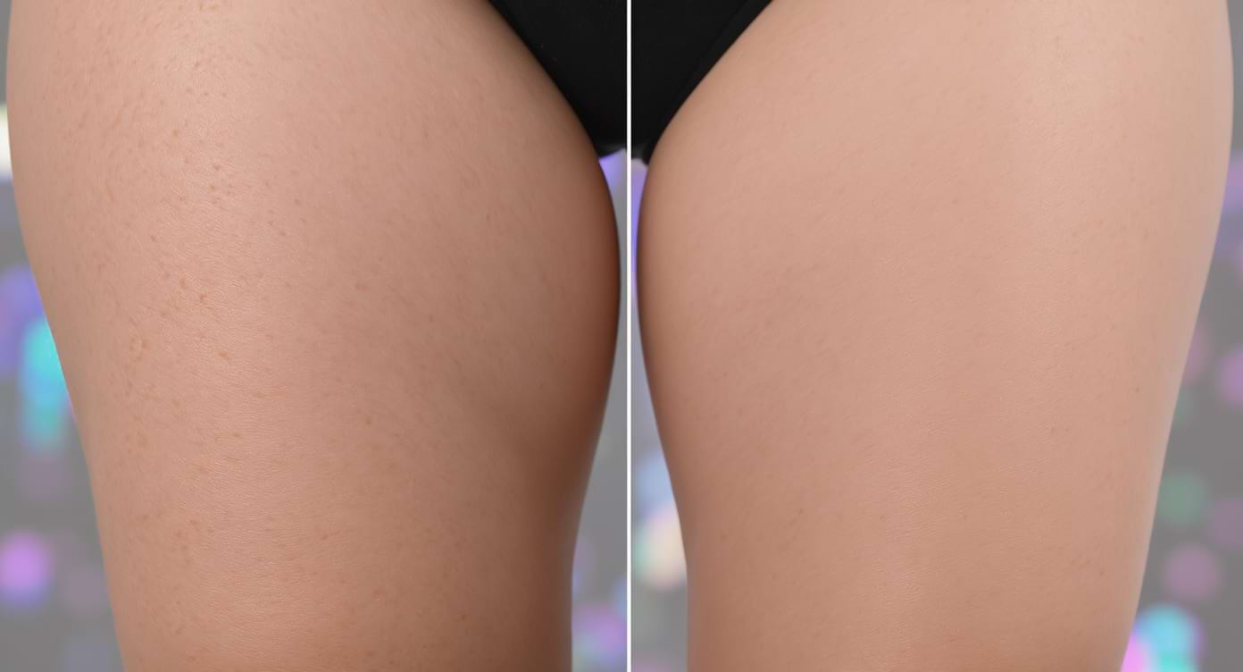 Photo comparative avant/après traitement Emtone sur la texture de la peau