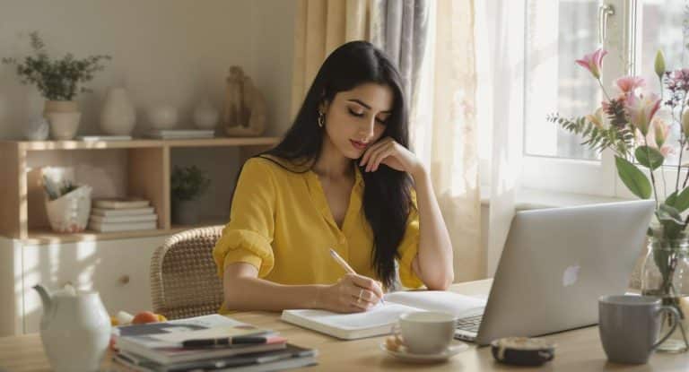 Étudiant concentré à son bureau avec thé, encas sains et lumière naturelle.