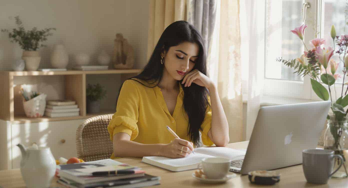 Étudiant concentré à son bureau avec thé, encas sains et lumière naturelle.