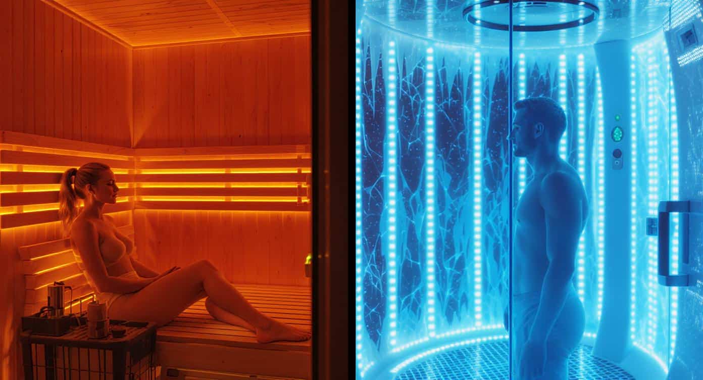 sauna-cryotherapie-avec-personnes Personne détendue dans un sauna infrarouge et personne dans une cabine de cryothérapie moderne, contraste chaud-froid