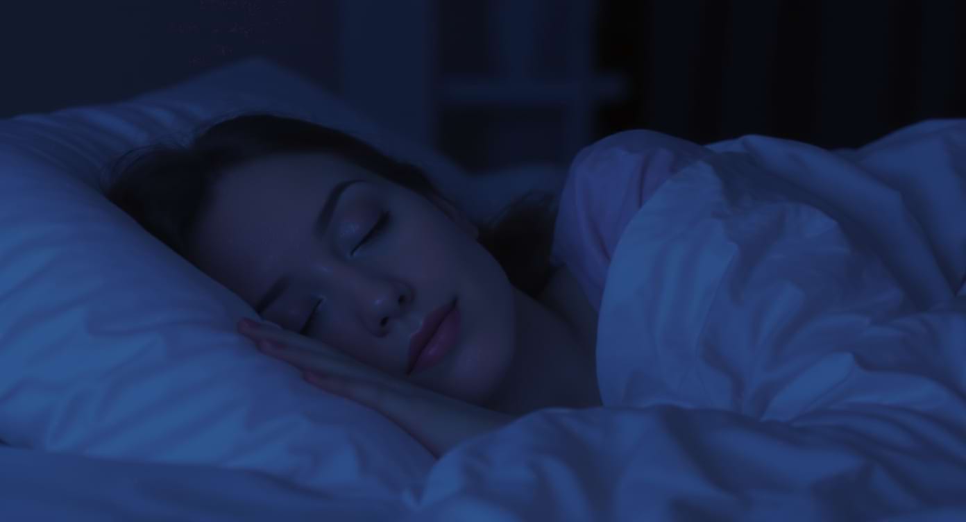 sommeil-reparateur-relaxation Femme endormie paisiblement, lumière douce évoquant un sommeil réparateur.