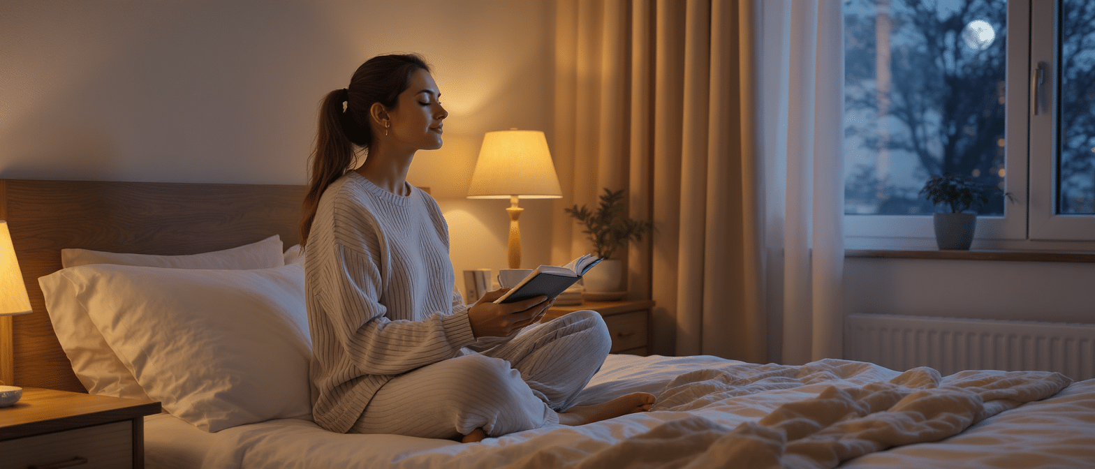 rituel-soir-adaptogenes-sommeil Femme assise sur son lit le soir, lisant un livre dans une ambiance apaisante