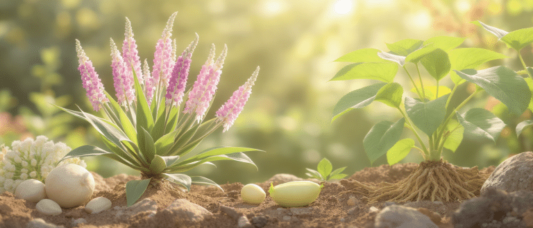 Illustration naturelle de l’astragale et de la maca, avec leurs racines et tubercules visibles dans un sol ensoleillé