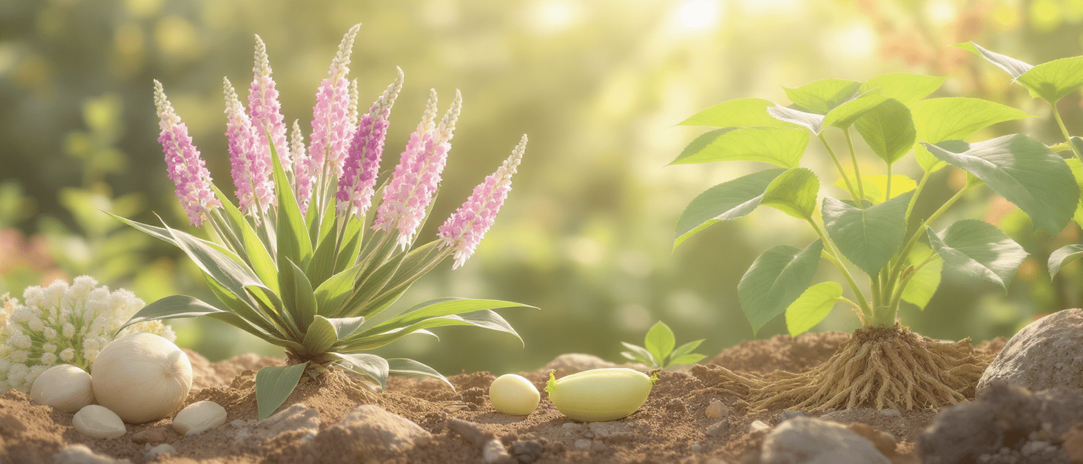 Illustration naturelle de l’astragale et de la maca, avec leurs racines et tubercules visibles dans un sol ensoleillé