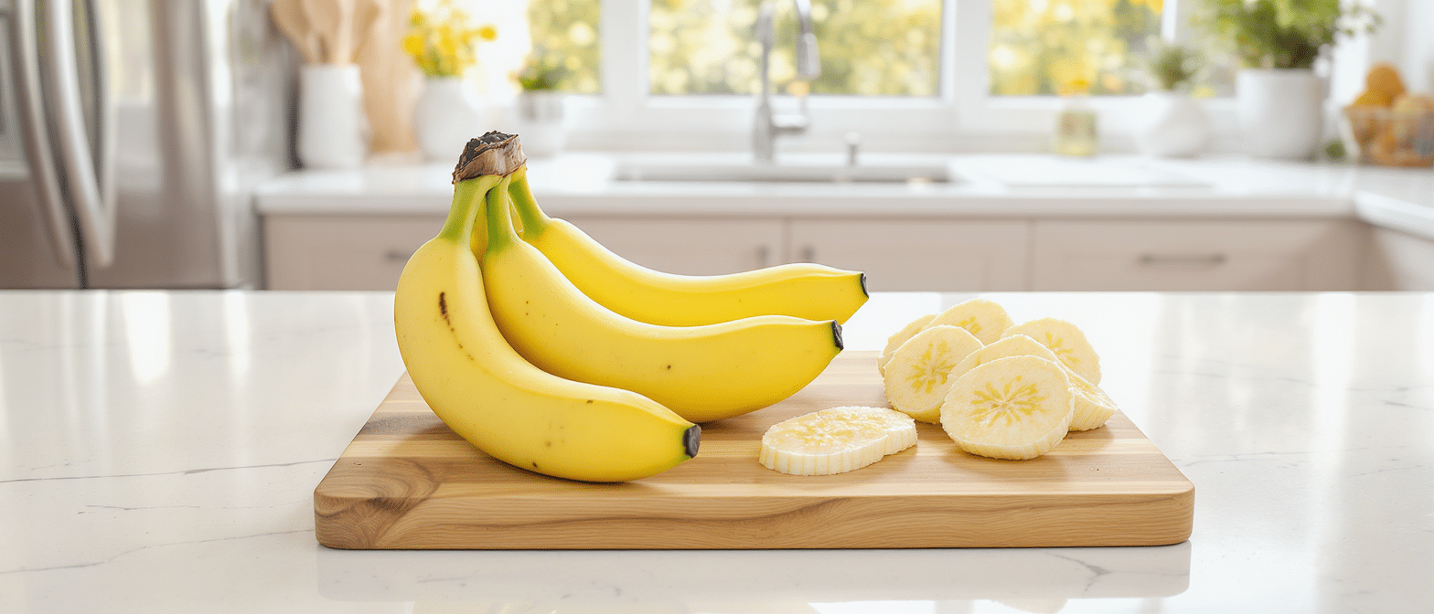 Bananes entières et tranchées disposées sur une planche en bois dans une cuisine lumineuse.