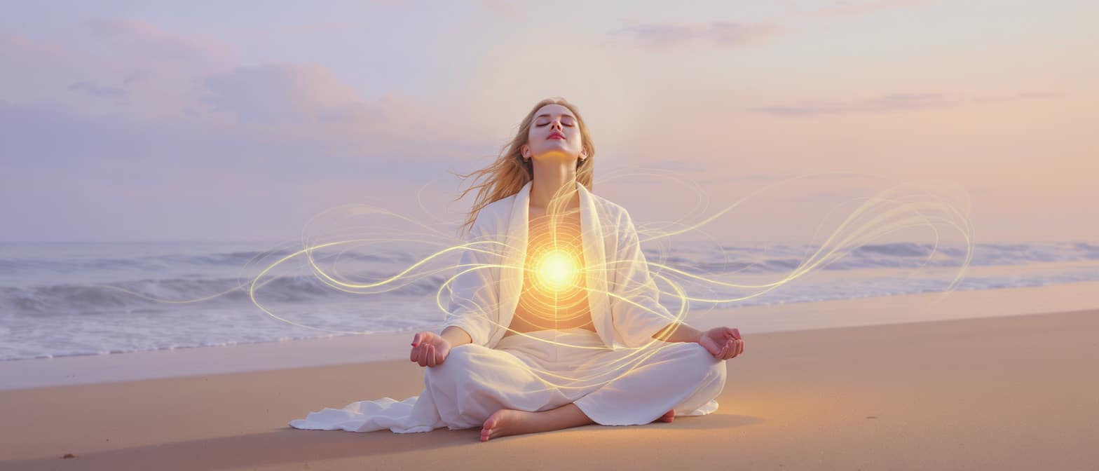Femme méditant sur une plage, pratiquant la cohérence cardiaque avec énergie lumineuse.