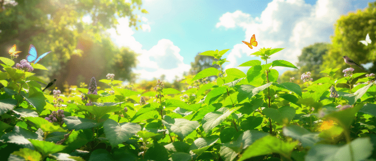 Champ ensoleillé de basilic sacré avec papillons et oiseaux dans un décor naturel.