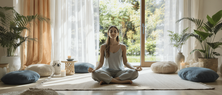 Femme en méditation guidée dans un salon lumineux, entourée de coussins et de plantes vertes
