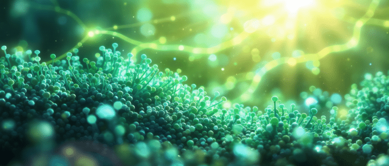 Microalgues vertes évoquant la spiruline et la chlorelle sous la lumière du soleil