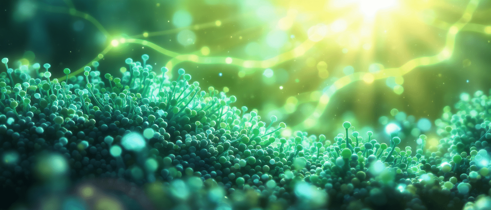 Microalgues vertes évoquant la spiruline et la chlorelle sous la lumière du soleil