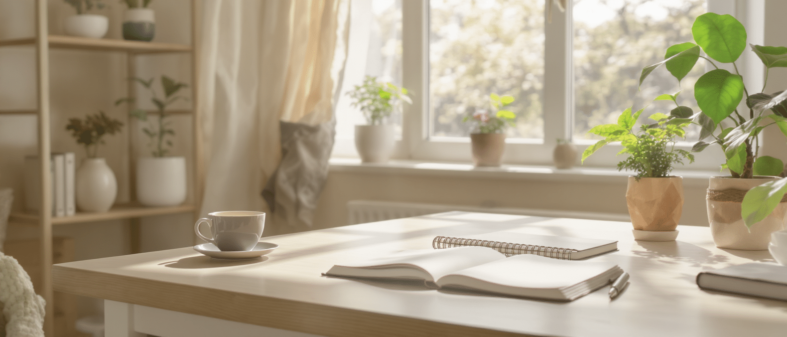 Bureau lumineux avec carnet ouvert, tasse de café et plantes vertes, symbole d’inspiration naturelle.