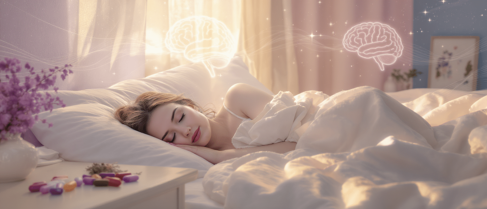 Femme endormie paisiblement, symboles de cerveau et gélules de nootropiques pour améliorer le sommeil