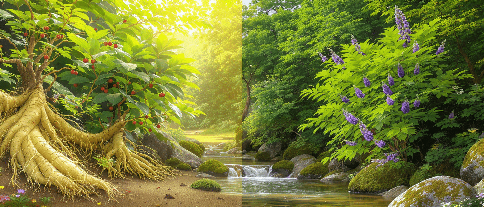Comparatif visuel Panax ginseng (racines, baies rouges) et éleuthérocoque en fleurs violettes au bord d’un ruisseau en forêt