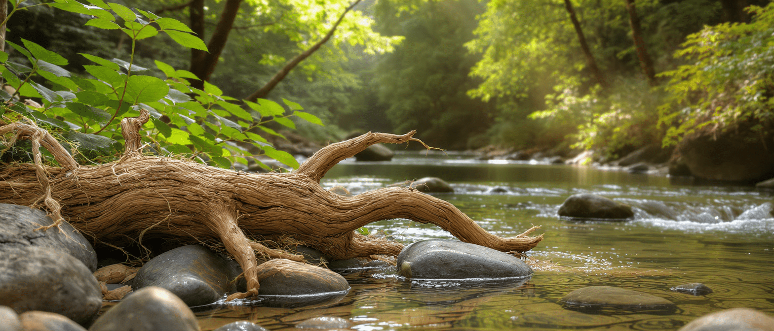 Racine de réglisse posée au bord d’une rivière, entourée de pierres et de verdure, dans un cadre naturel ensoleillé.