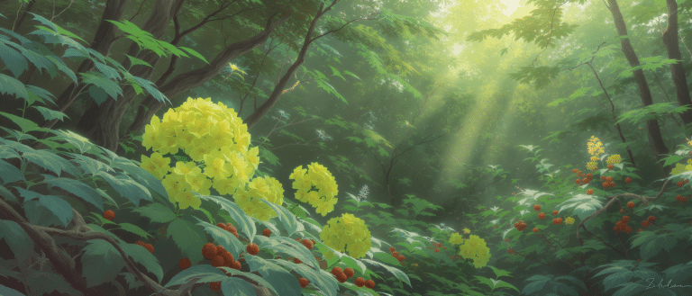 Forêt verdoyante avec des fleurs jaunes et des baies rouges, symbolisant la rhodiola et le schisandra pour soutenir la concentration naturellement.