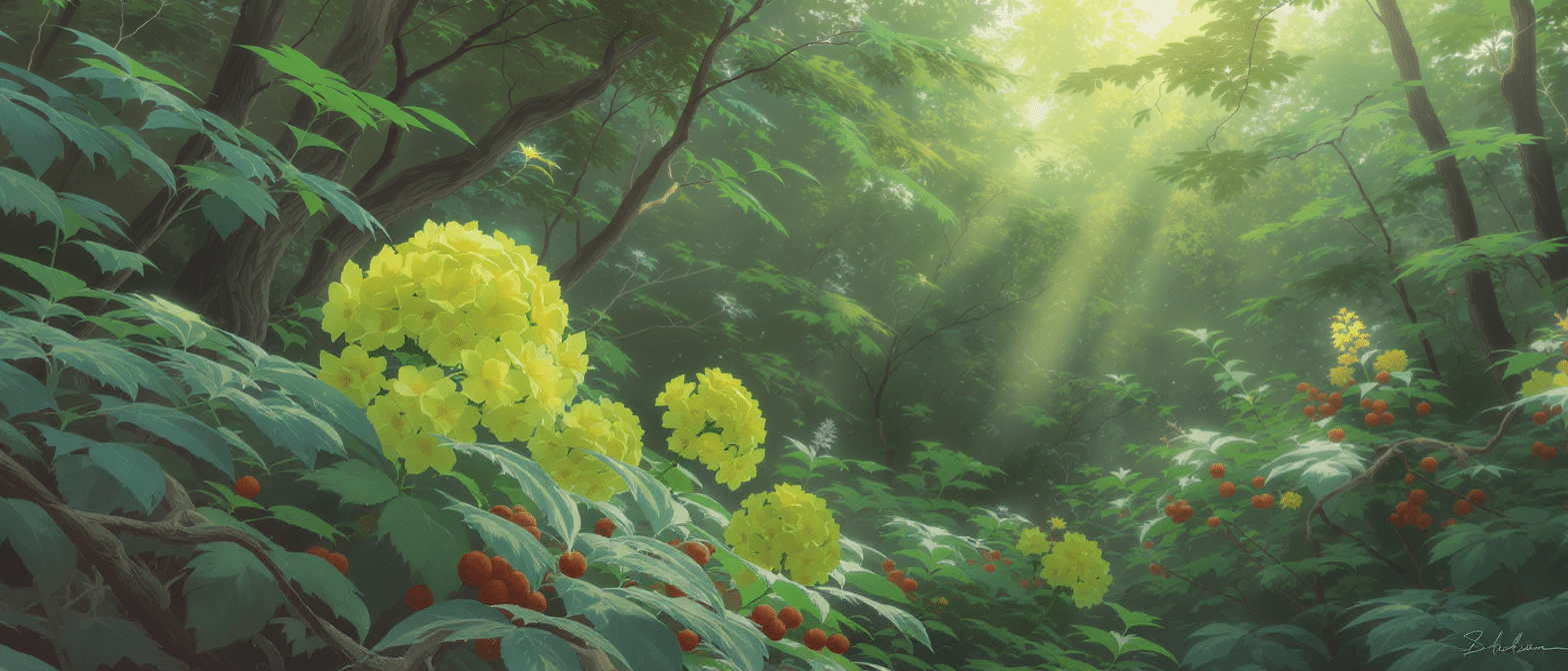 Forêt verdoyante avec des fleurs jaunes et des baies rouges, symbolisant la rhodiola et le schisandra pour soutenir la concentration naturellement.