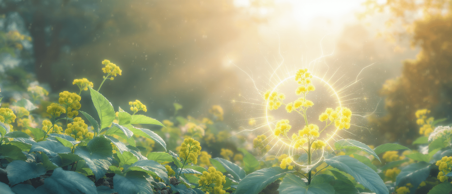Rhodiola rosea en fleurs jaunes dans la lumière du matin, plante adaptogène connue pour réduire le stress et la fatigue