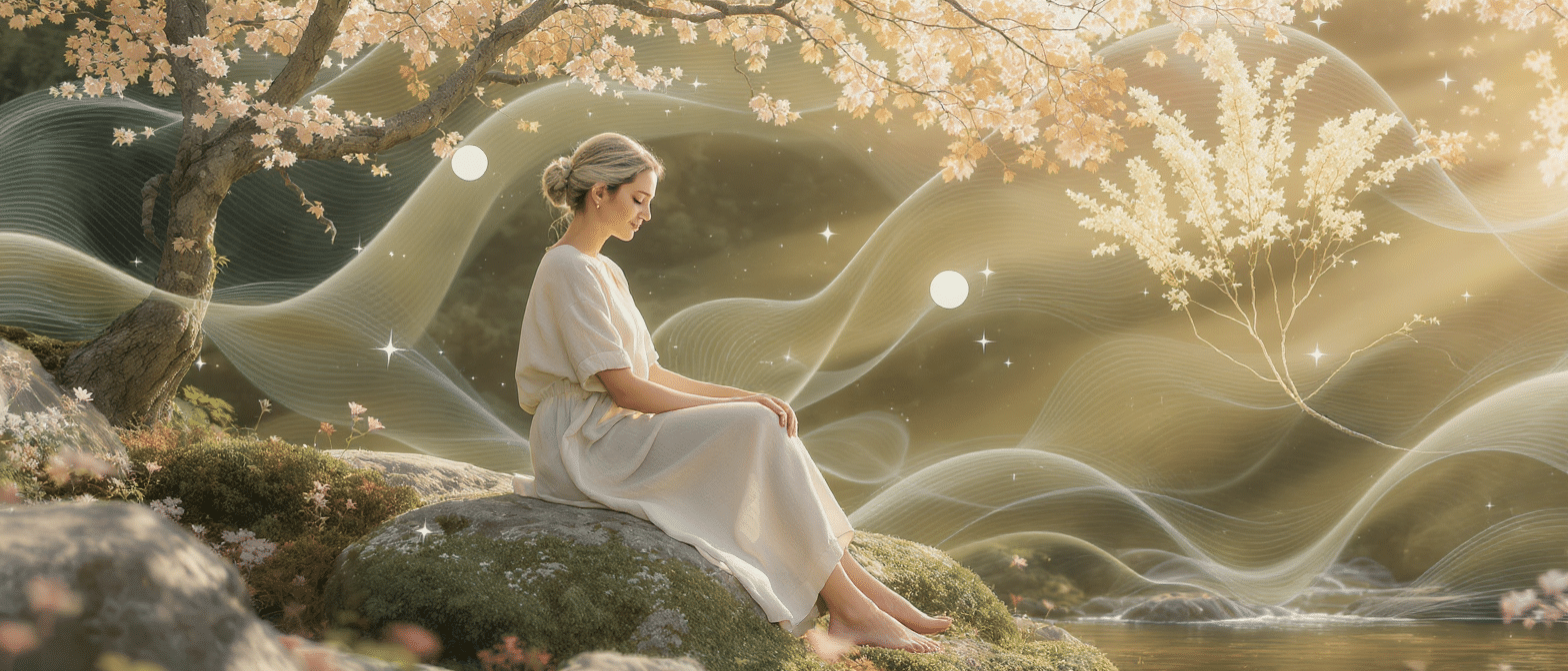 Femme assise en méditation au bord d’une rivière, entourée d’une lumière dorée et de motifs naturels symbolisant l’équilibre intérieur.