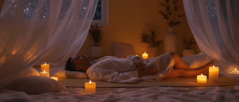 Personne en posture de yoga nidra, allongée au sol entourée de bougies dans une ambiance calme et tamisée.