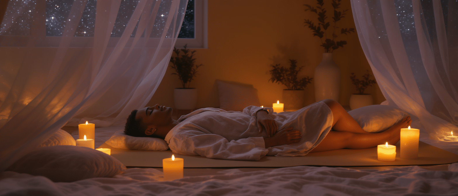 Personne en posture de yoga nidra, allongée au sol entourée de bougies dans une ambiance calme et tamisée.