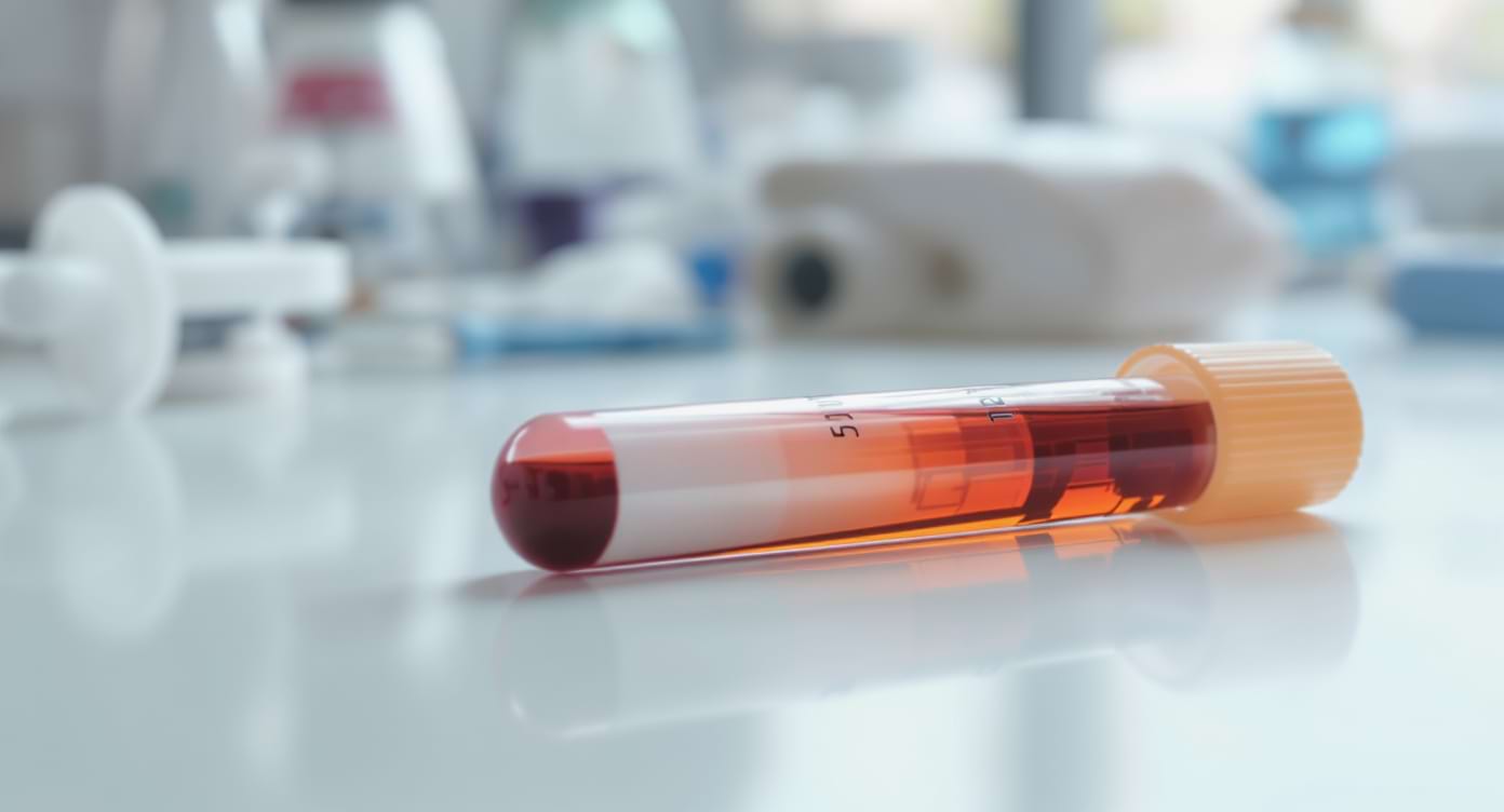 analyse-bilirubine-conjuguee-prelevement-sanguin-laboratoire Tube de prélèvement sanguin en laboratoire évoquant une analyse de bilirubine conjuguée.