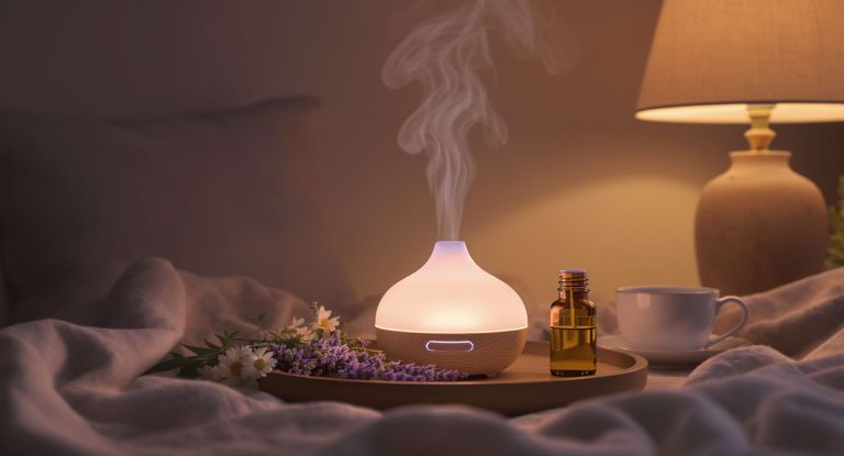 diffuseur d’aromathérapie avec lavande et camomille dans une lumière du soir.