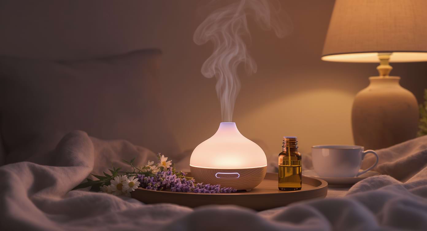 diffuseur d’aromathérapie avec lavande et camomille dans une lumière du soir.