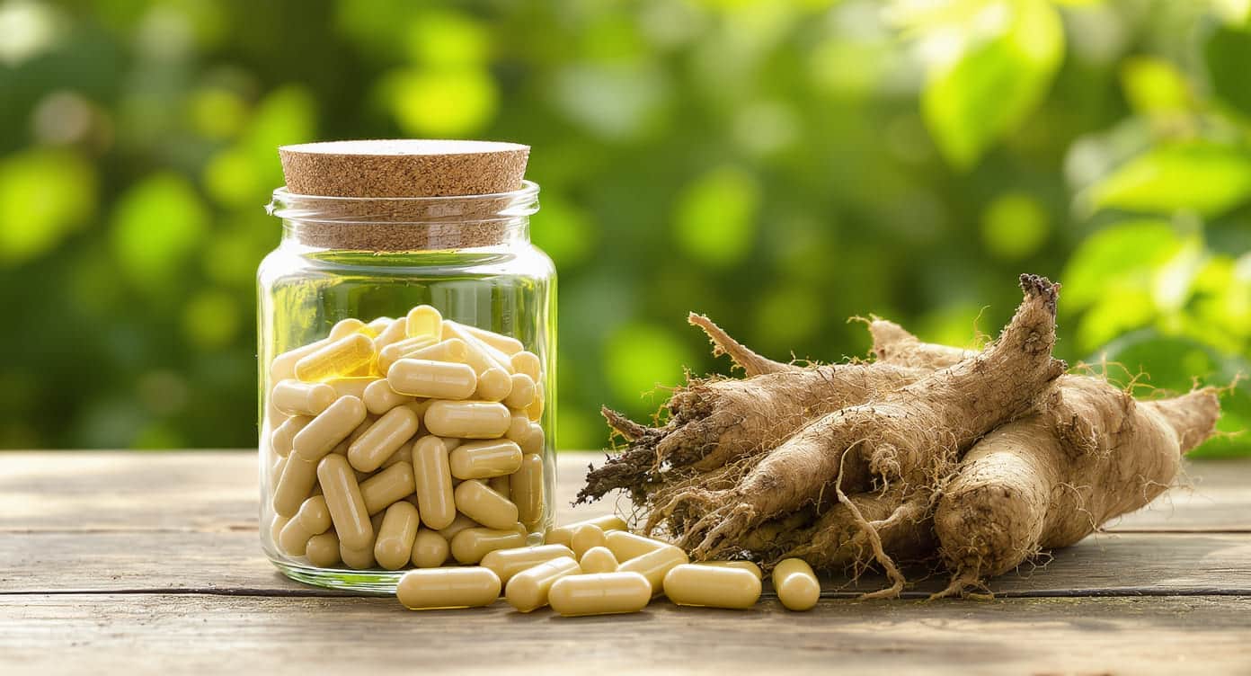 Ashwagandha KSM-66 bio en gélules avec racines fraîches et ambiance naturelle.