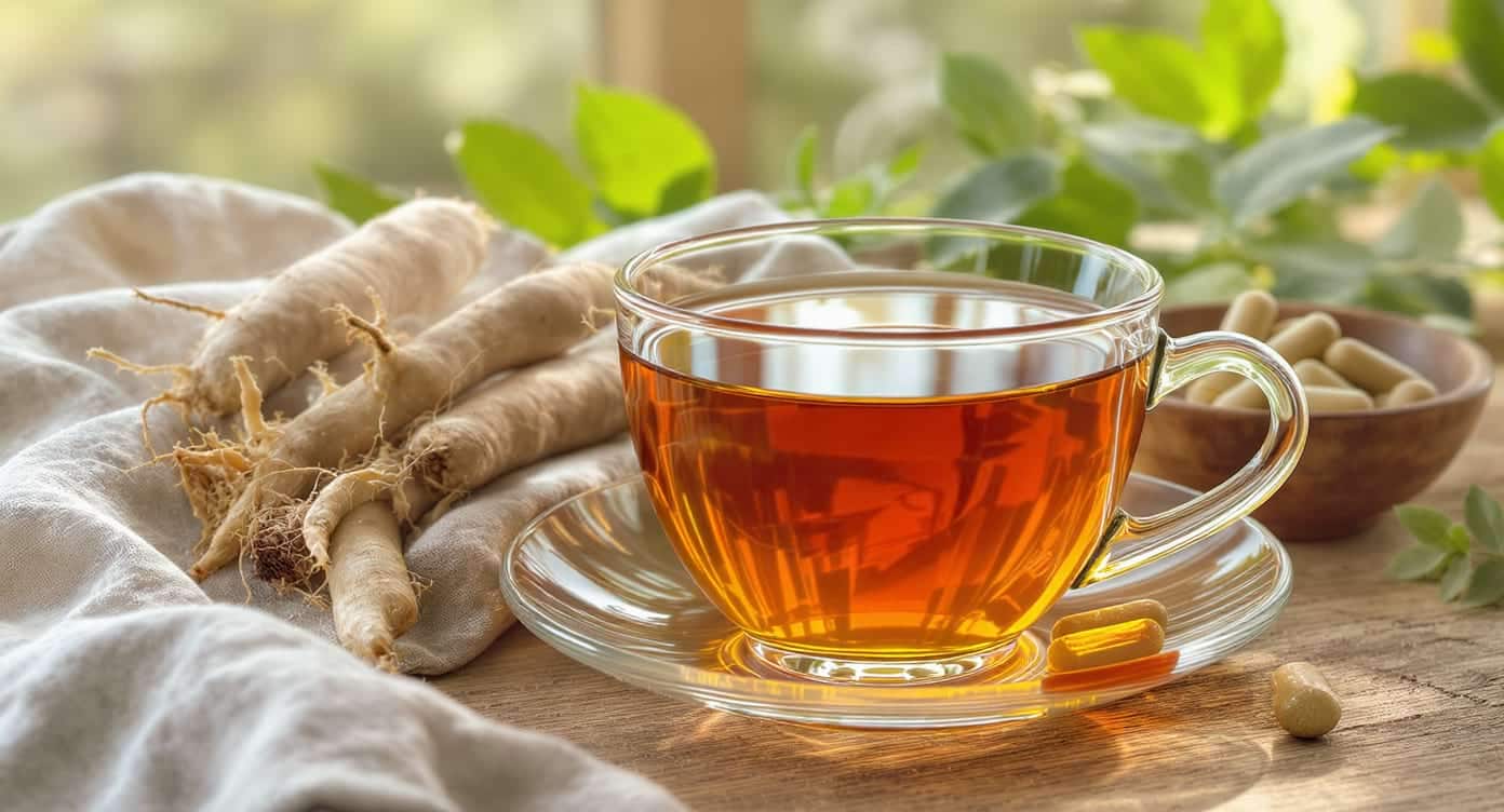 asse d’infusion à l’ashwagandha KSM-66 bio avec racines fraîches et gélules.