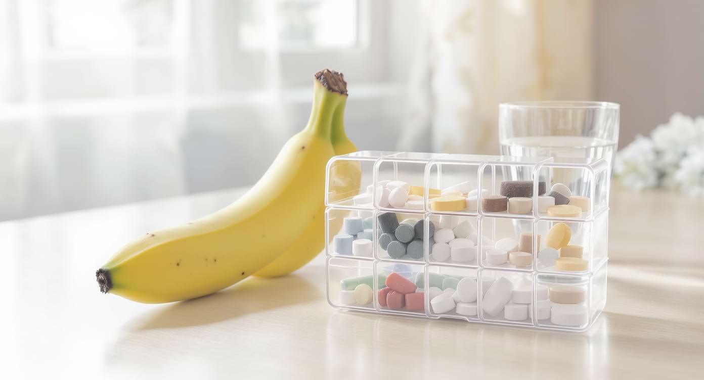 Banane posée à côté d’un pilulier et d’un verre d’eau sur une table de petit-déjeuner.