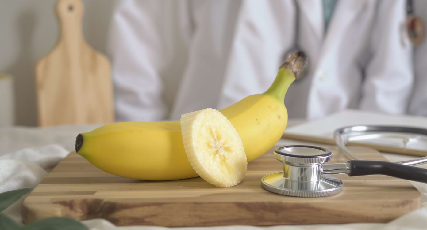 Banane tranchée accompagnée d’un stéthoscope et d’une référence aux reins.