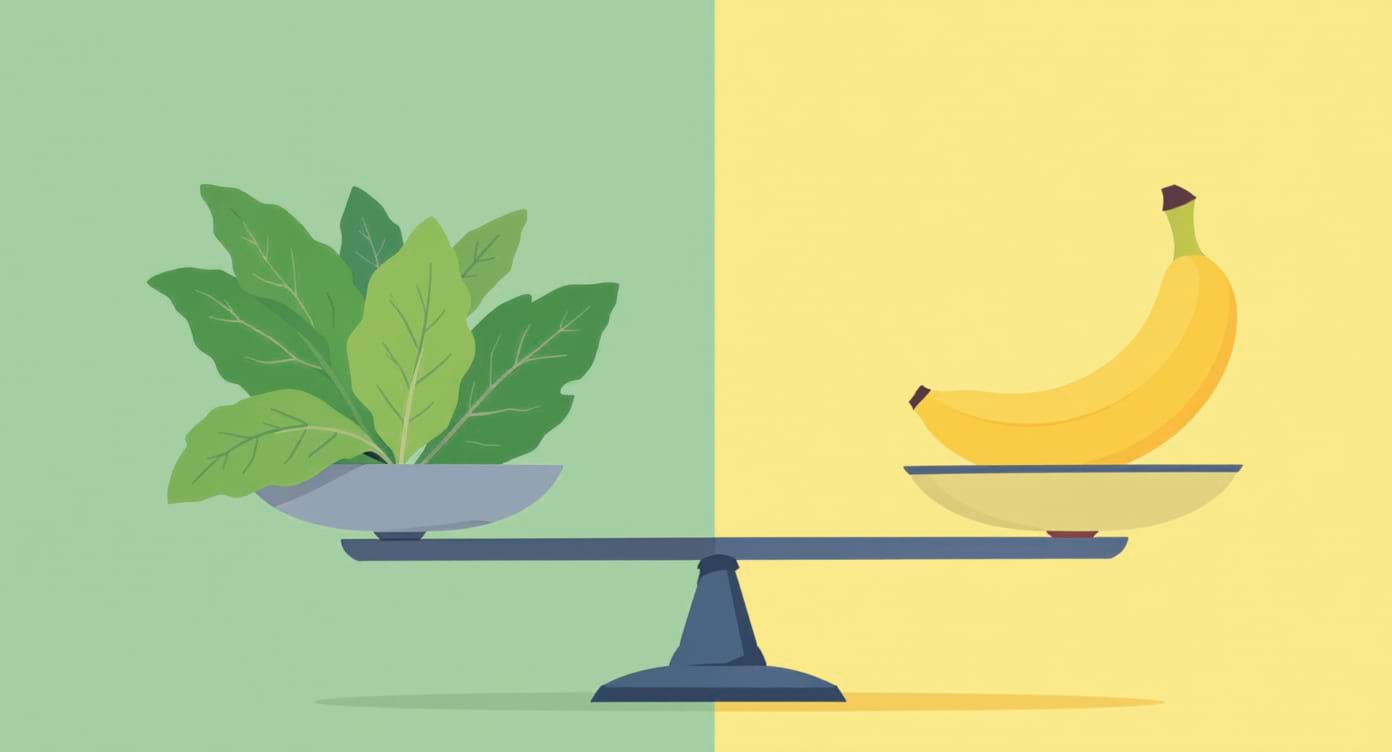 Balance illustrant une banane et des légumes verts riches en vitamine K.