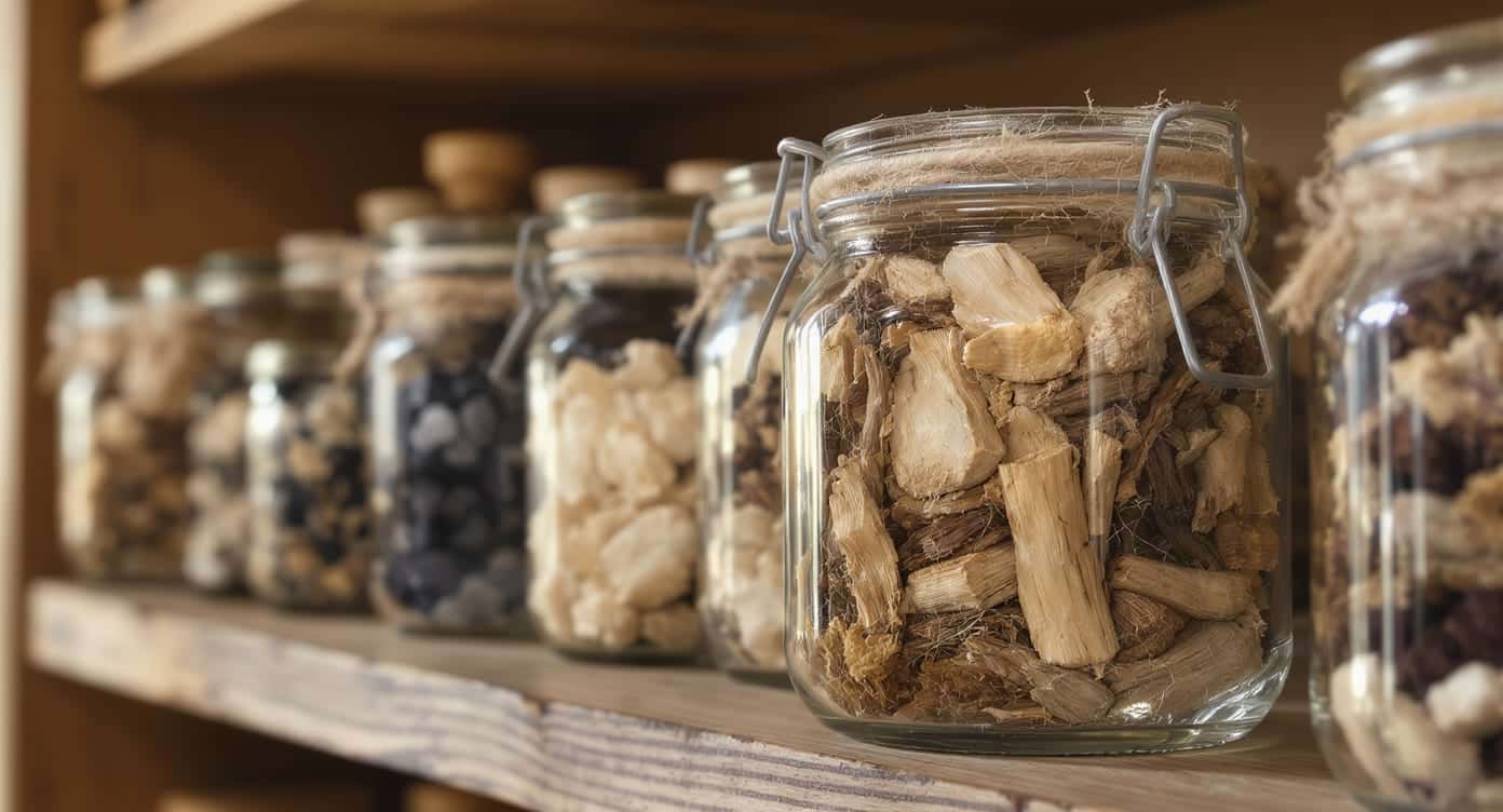 Bocaux en verre remplis de racines de réglisse séchées et d’herbes médicinales, posés sur une étagère en bois dans une ambiance naturelle.