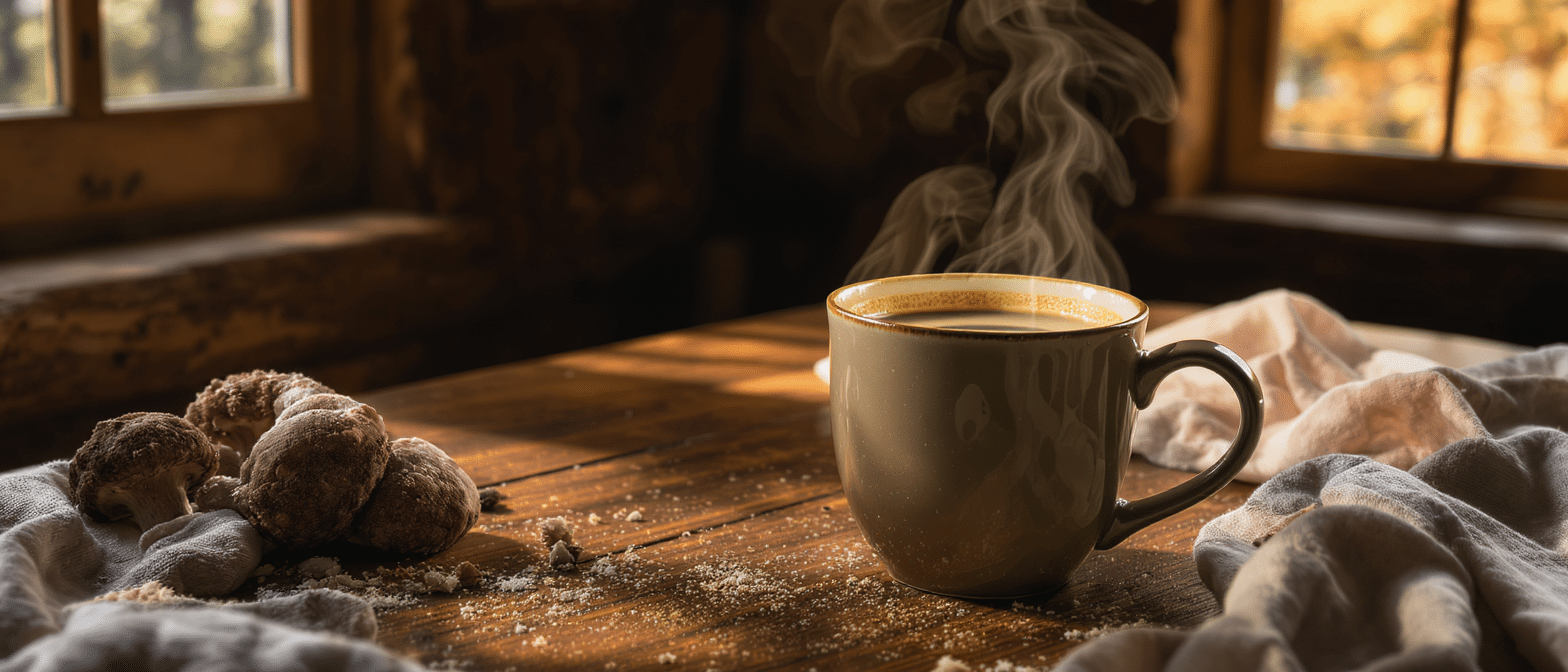 Tasse fumante de latte au Lion’s Mane et Chaga posée sur une table en bois avec des champignons