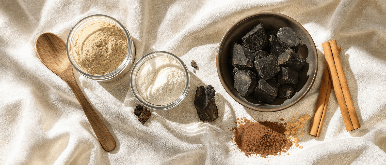 Poudres de Lion’s Mane et extraits de Chaga avec épices et cannelle sur tissu clair