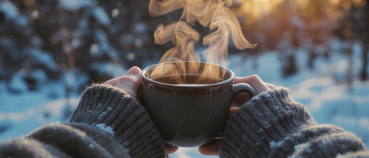 Tasse fumante de boisson au Chaga et Lion’s Mane tenue entre les mains dans un paysage enneigé