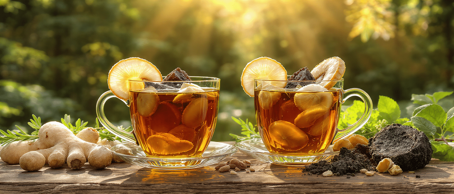 Infusion chaude au chaga et au lion’s mane avec citron et gingembre en forêt